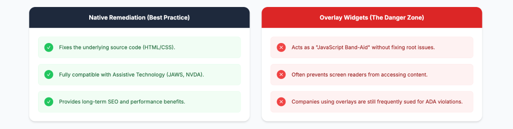 Comparison chart showing native code remediation as a best practice versus accessibility overlay widgets which fail screen readers.