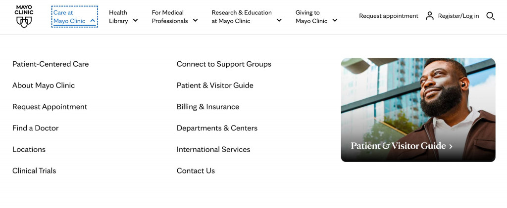 Examples of Hospital Websites - Mayo Clinic - menu on the hospital website with drop-down menus