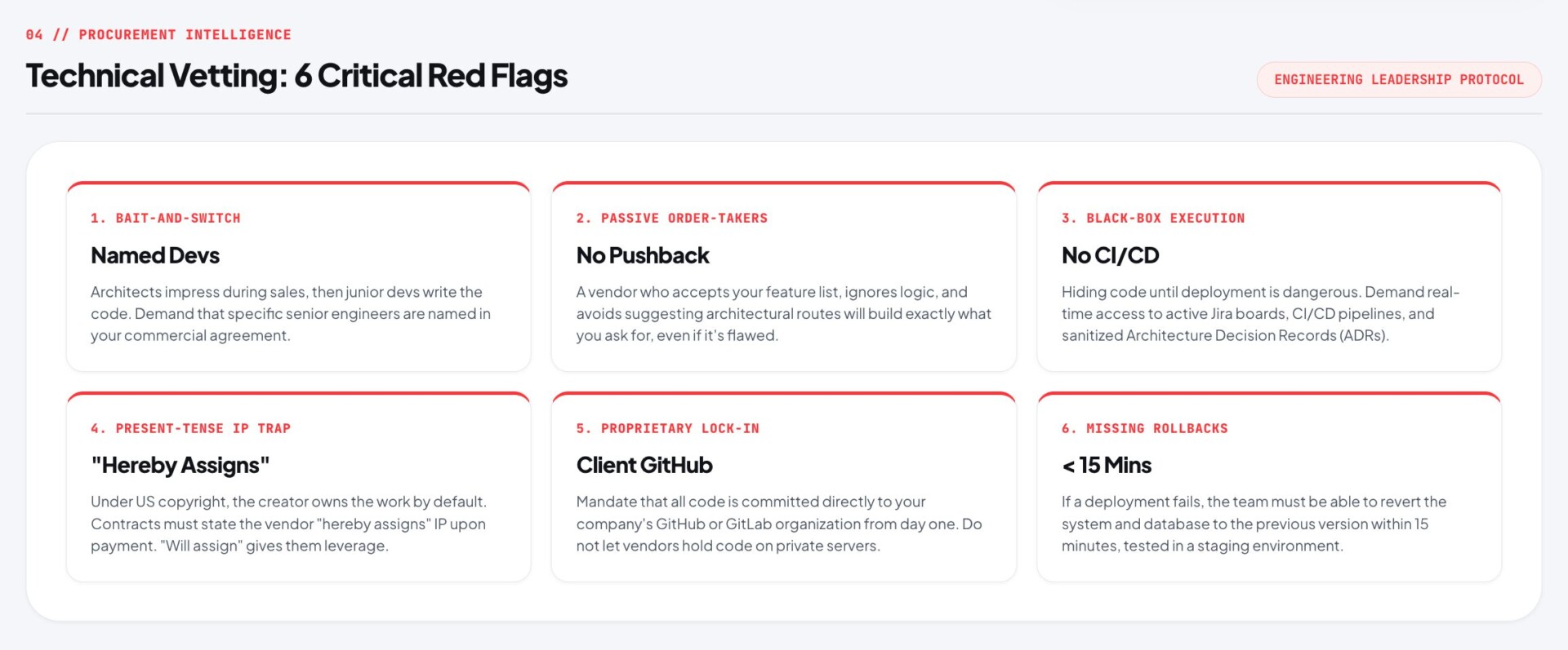 Infographic outlining 6 critical technical vetting red flags when you hire a web development team, from bait-and-switch staffing to IP traps.