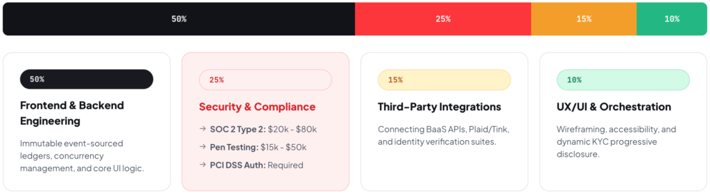 Capital allocation breakdown chart for fintech app development cost showing engineering at 50%, security and compliance at 25%, third-party integrations at 15%, and UX/UI orchestration at 10%.