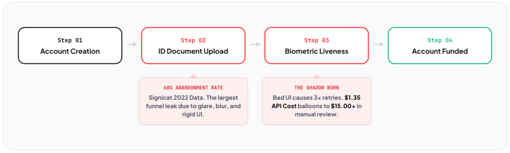 Fintech onboarding funnel flowchart showing KYC cost multipliers, 68% drop-off at ID upload, and manual review cost spikes during biometric verification.